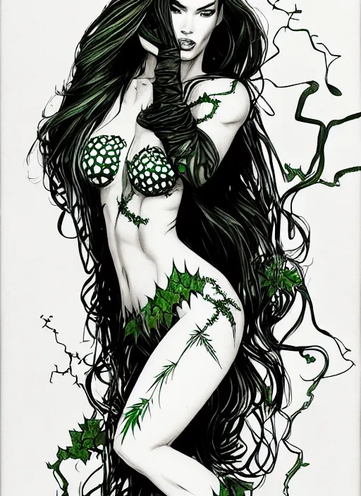 Image similar to concpet art, full shot, traditional ink, sketch, of megan fox as poison ivy, line sketch, intricate, elegant, highly detailed, monochrome, digital painting, artstation, concept art, green, black, red ink sharp focus, illustration, art by borderlands 3 and peter polach