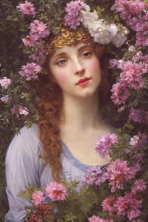 Prompt: art nouveau sensual queen of the garden full body portrait, loving amber eyes, a shy face, style portrait painting of François Boucher, Oil Painting, unreal 5, DAZ, hyperrealistic, octane render, Regal, Refined, Detailed Digital Art, RPG portrait, William-Adolphe Bouguereau, Michael Cheval, dynamic lighting, Highly Detailed, Cinematic Lighting, Unreal Engine, 8k, HD