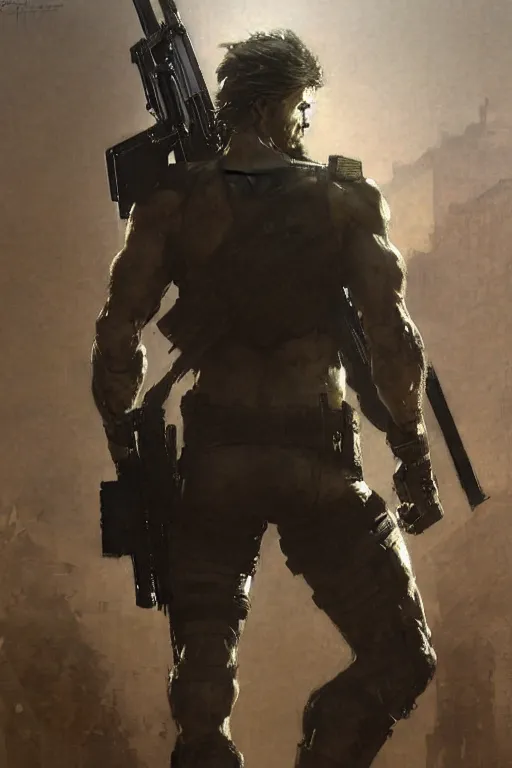 Prompt: solid snake, metal gear, painting by gaston bussiere, craig mullins, greg rutkowski, yoji shinkawa