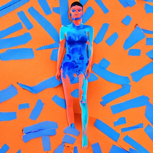 Prompt: beautiful model girl body art fabric skin turns into dress creasing plastic bag folds heavy brushstrokes style of jonathan zawada, thisset colours simple background gradient objective light orange and blue amber colours