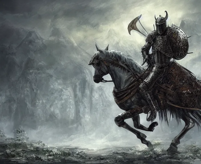 Image similar to knight on horseback, fantasy art, very detailed, beautiful, dark souls, lush landscape, trending on artstation, pixiv