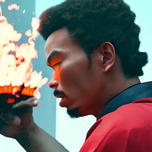 Image similar to cinematic film still of Chance The Rapper starring as a Samurai holding fire, Japanese CGI, VFX, 2022, 40mm lens, shallow depth of field, film photography