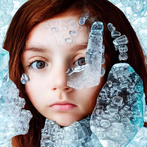 Prompt: a dreamy portrait of a a girl made of ice, clear but glassy looking, with crystals surrounding the face