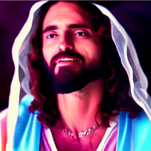 Image similar to jesus rapping in a music video, 4k upscale, MTV, 1990, bling bling, microphone