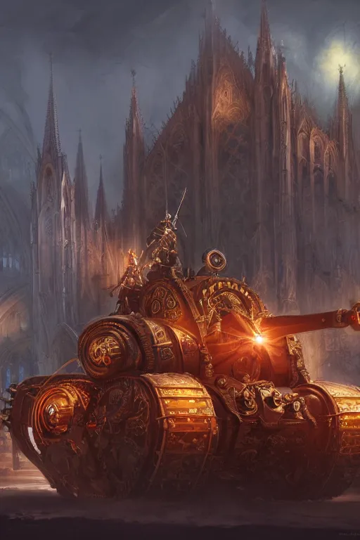 Image similar to a mobile driving ornate cathedral church mounted on a tank with chain drive, warhammer 4 0, scene in an open field. key visual, conceptart, ambient lighting, highly detailed, digital painting, artstation, concept art, sharp focus, by makoto shinkai and akihiko yoshida and kris kuksi