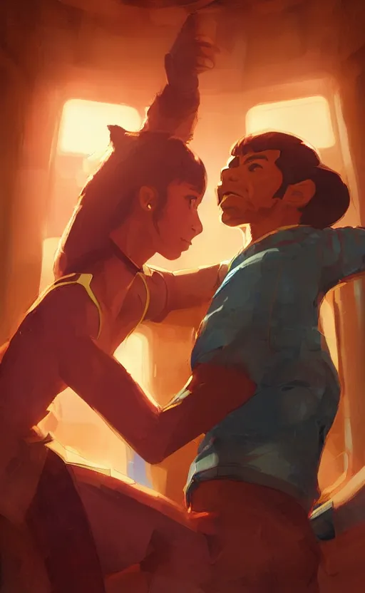 Prompt: Uhura and Spock caught about to kiss, surprise, cute, innocent, soft lighting, standing in a starbase bar, In style of Yoji Shinkawa, wojtek fus, by Makoto Shinkai, concept art, highly detailed