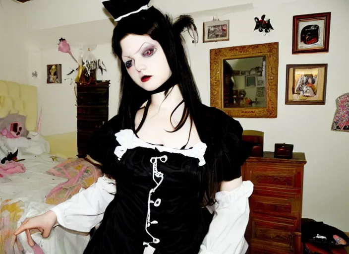 Image similar to goth girl in a maid outfit, cluttered bedroom, 2 0 0 6