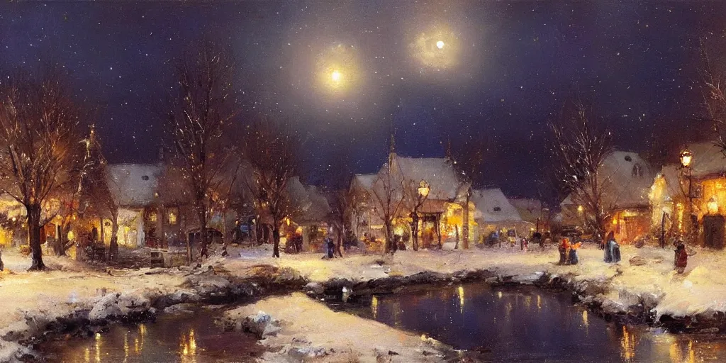 Prompt: a scene of a small eastern european village at night, stars, moon, wintertime, painting by daniel f. gerhartz