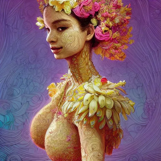 Prompt: the portrait of an unimaginably beautiful, graceful, and elegant woman made of bananas and petals, an ultrafine detailed illustration by kim jung gi, irakli nadar, intricate linework, bright colors, final fantasy, behance contest winner, angular, unreal engine 5 highly rendered, global illumination, radiant light, detailed and intricate environment