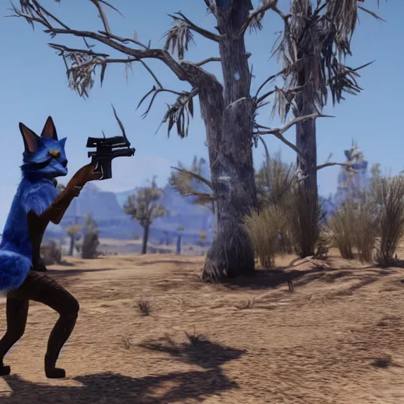 Image similar to a blue fennec fox furry in a fursuit in red dead redemption 1 killing himself with his revolver