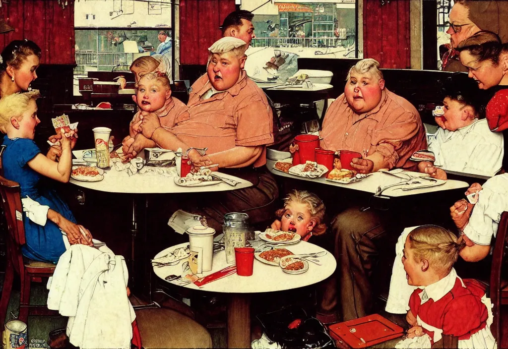 Prompt: A Norman Rockwell painting of an obese American family ordering food at McDonald's, cinematic, 8k