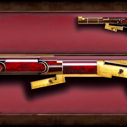 Image similar to a magical antique sawed - off double - barreled shotgun made from glossy red - painted wood and elements of gold metalwork, video game concept art