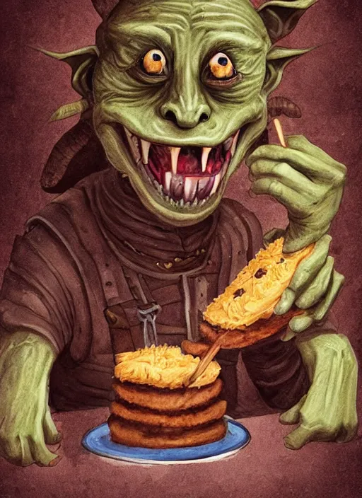 Image similar to medieval goblin eating cakes, detailed digital art, trending on Artstation