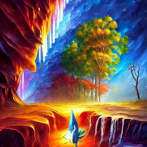 Image similar to village alien lightning art waterfall nature photography weird rich digital art airbush by android jones, leonid afremov, rob gonsalves, rhads, evgeny lushpin