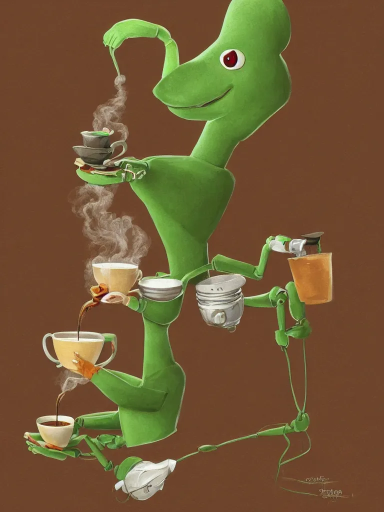 Prompt: serene illustration robotic kermit offering a cup of fresh steaming coffee, by Simon Stalenhaag, by Yoshita Amano, by Esao Andrews, sharp focus, fresh colors, conceptart, trending on artstation