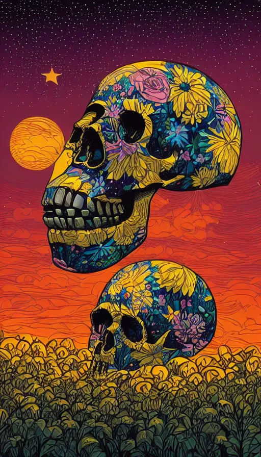 Image similar to Floral skulls floating in starlit sunset sky, italian futurism, Dan Mumford, da vinci, Josan Gonzalez