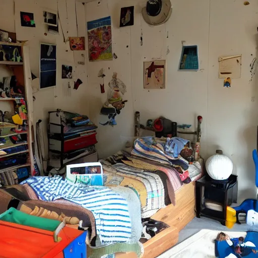 Prompt: a boy's bedroom showing signs of wear and habitation. cluttered.