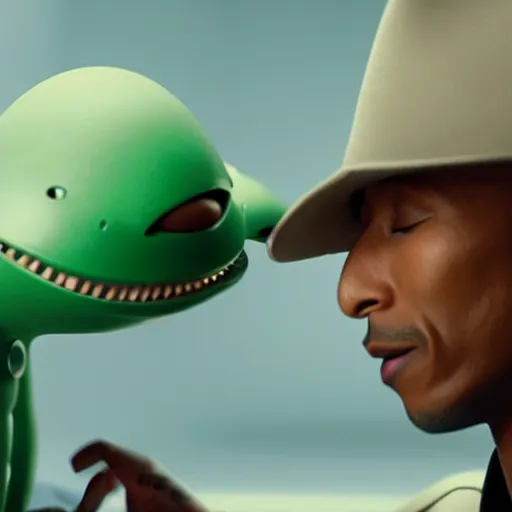 Image similar to cinematic film still of Pharrell Williams Making A Beat with an anthropomorphic alien, Japanese VFX, 2018, 400mm lens, f1.8, shallow depth of field,film photography