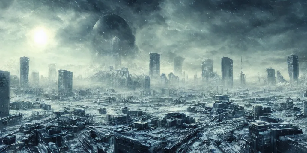 Prompt: nuclear winter, tokyo city, near future, fantasy, sci - fi, hyper realistic, serene, morning.