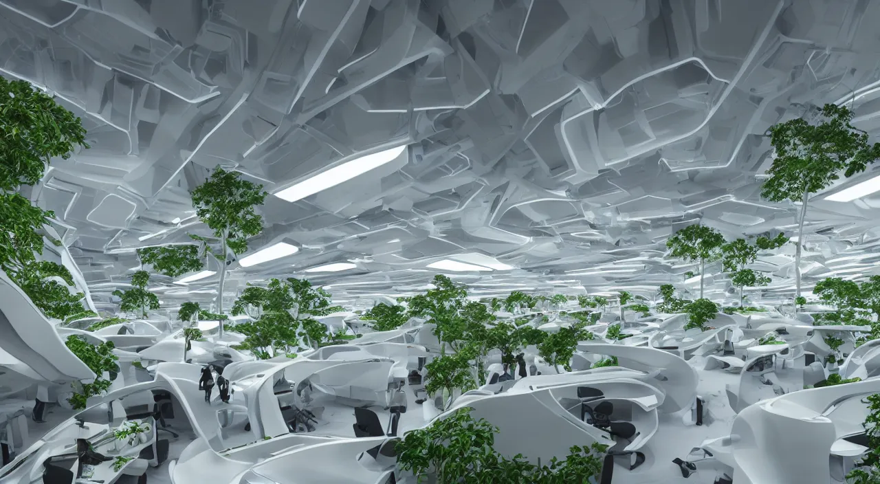 Image similar to futuristic open office with parks and plants, glowing computer screens, made with glossy white plastic and large windows and voluminous light and light rays, extremely intricate, very detailed, in style of zaha hadid, artstation, octane render, cinematic lighting