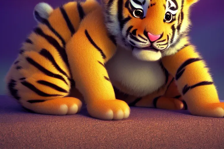 Prompt: a cute baby tiger cub, soft fur texture, pastel colours, colorful, glitter crystal, cute, pixar animation style, detailed, soft light, octane render, 4 k