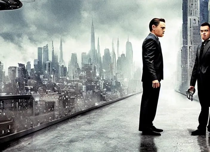 Prompt: when time freezes in Inception, movie still