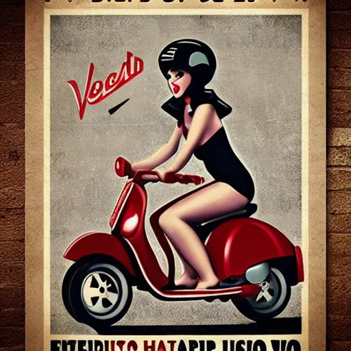 Image similar to vespa scooter, pinup girl, retro poster