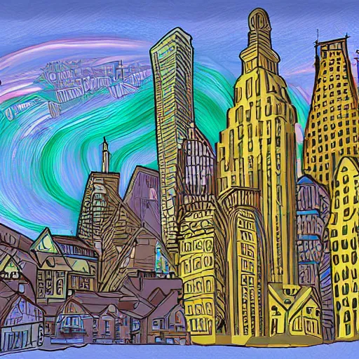 Image similar to City, Landscape, Style of Arcane, Digitally hand-painted, colour