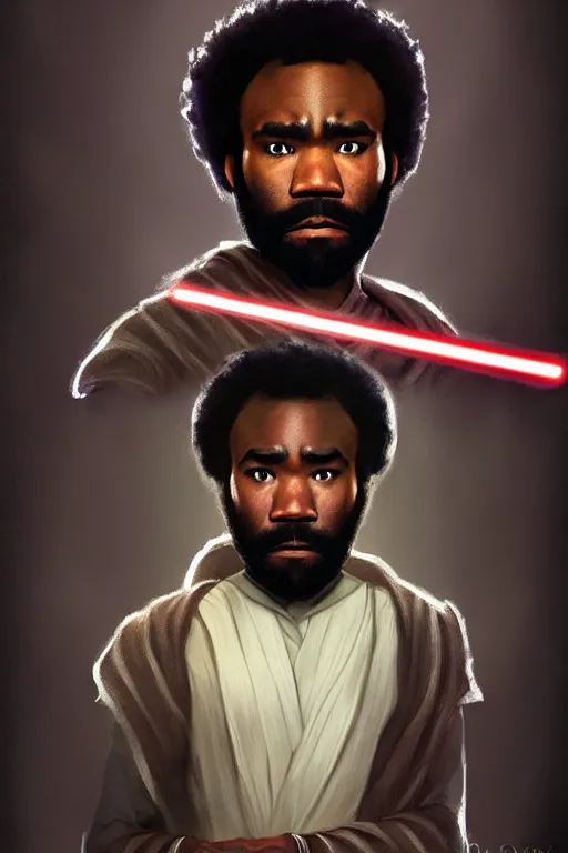 Prompt: Donald Glover as a Jedi from Star Wars, Naboo, realistic portrait, symmetrical, highly detailed, digital painting, artstation, concept art, smooth, sharp focus, cinematic lighting, art by Ralph McQuarry