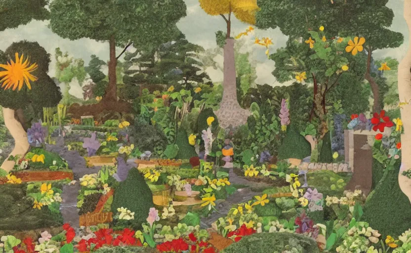 Prompt: a landscape claymation of a garden in a park, collage, henri berthaut, art - deco, miner kilbourne kellogg, gardens