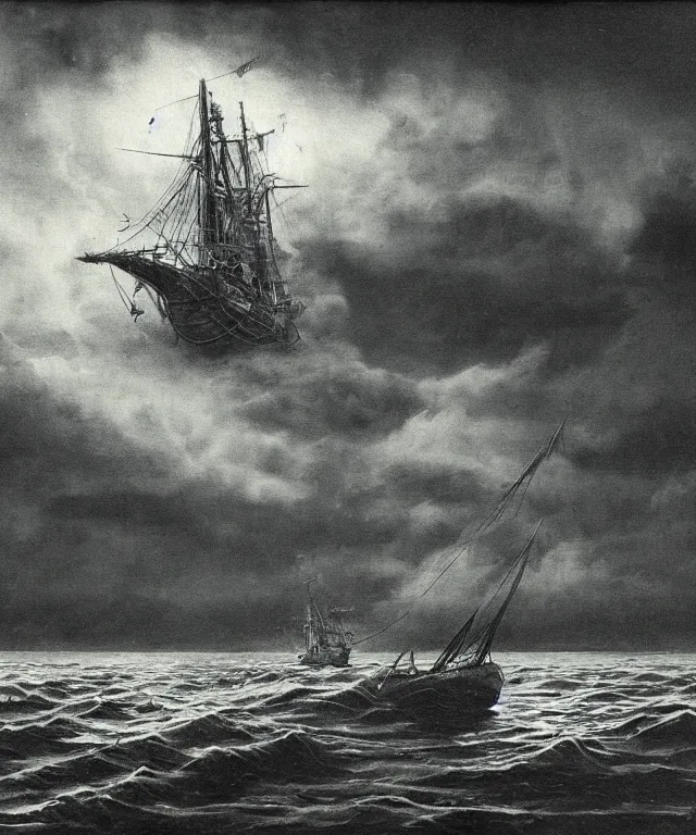 Prompt: realistic photo of a 1 9 2 5 seiner sailing near a small tropical skull shaped island, dark, brooding, atmospheric, lovecraft, horror, smooth, epic, highly detailed, cinematic, by clyde caldwell