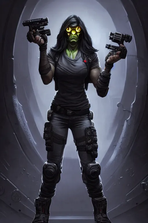 Image similar to gina carano as a shadowrun ork with prothesis grey metallic left arm, casual black clothing, muscular, realistic proportions, casual pose, large portrait, sci - fi, rpg character, digital painting, artstation, concept art, smooth, 8 k frostbite 3 engine, ultra detailed, art by artgerm and greg rutkowski and magali villeneuve