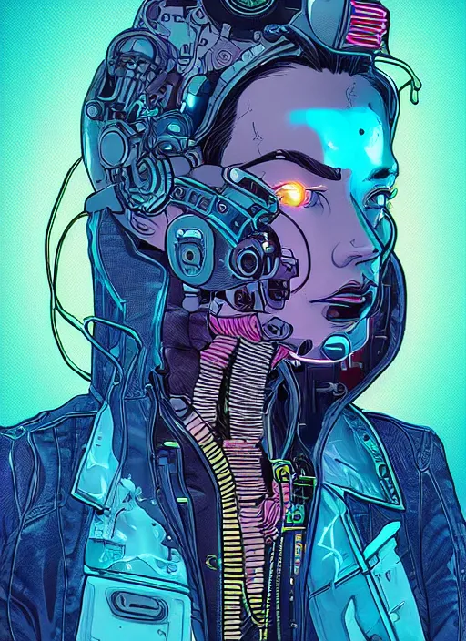 Prompt: portrait of a cyborg humanoid girl with mechanical and electronic element, denim jacket surrounded by neon light, illustrated by Michael Whelan and Laurie Greasley, highly detailed, trending on artstation