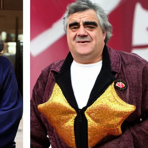 Prompt: a man who looks like john belushi mixed with gordon brown, wearing a rainbow coloured tracksuit and big gold star shaped medallion