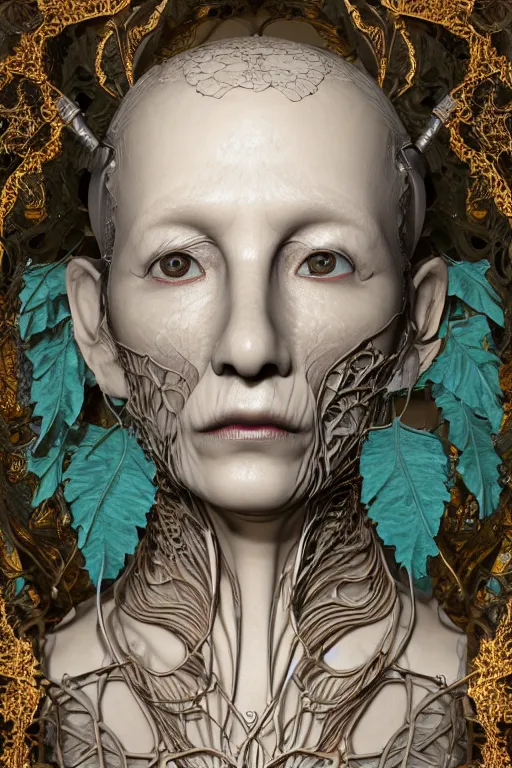 Prompt: complex 3d render ultra detailed of a beautiful dark porcelain old woman face, biomechanical cyborg, analog, 150 mm lens, beautiful natural soft rim light, big leaves and stems, roots, fine foliage lace, turquoise gold details, Alexander Mcqueen high fashion haute couture, art nouveau fashion embroidered, steampunk, intricate details, mesh wire, mandelbrot fractal, anatomical, facial muscles, cable wires, microchip, elegant, hyper realistic, dark background, ultra detailed, octane render, volumetric lighting, 8k post-production