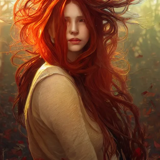 Image similar to girl with super long hair, hair becoming autumn red leaves, intricate, highly detailed, digital painting, artstation, concept art, smooth, sharp focus, illustration, unreal engine 5, 8 k, art by artgerm and greg rutkowski and alphonse mucha