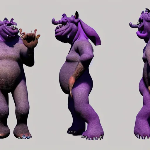 Image similar to monster hybrid of a donkey, elephant, big foot, hippo, and a little shrek, dark purple colored skin, film still