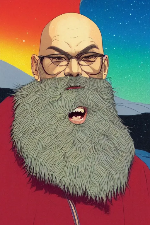 Image similar to a colorful closeup portrait of a young bald man with a very long wild beard dreaming psychedelic hallucinations in the vast icy landscape of antarctica, by kawase hasui, moebius and edward hopper, colorful flat surreal design, hd, 8 k, artstation