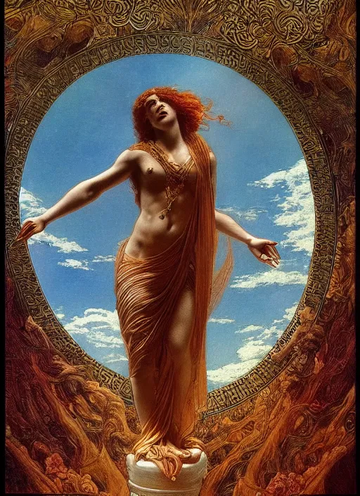 Image similar to aphrodite in paradiso. sacred geometry. clouds. sun rays. bliss. enlightenment. ascension. gustave dore. dappled light. cinematic lighting. in the art style of mucha