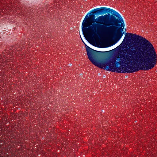 Prompt: pepsi can melting into red goop puddle on table, octane 3 d render, vhs footage, low quality