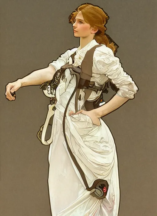 Image similar to an octanre render realistic portrait by alphonse mucha of a russian girl detailed features wearing a cargo wedding dress - sporty, sleek, tech utility - chic trend. lots of zippers, pockets, synthetic materials, jumpsuits chic'techno fashion trend by issey miyake and balenciaga