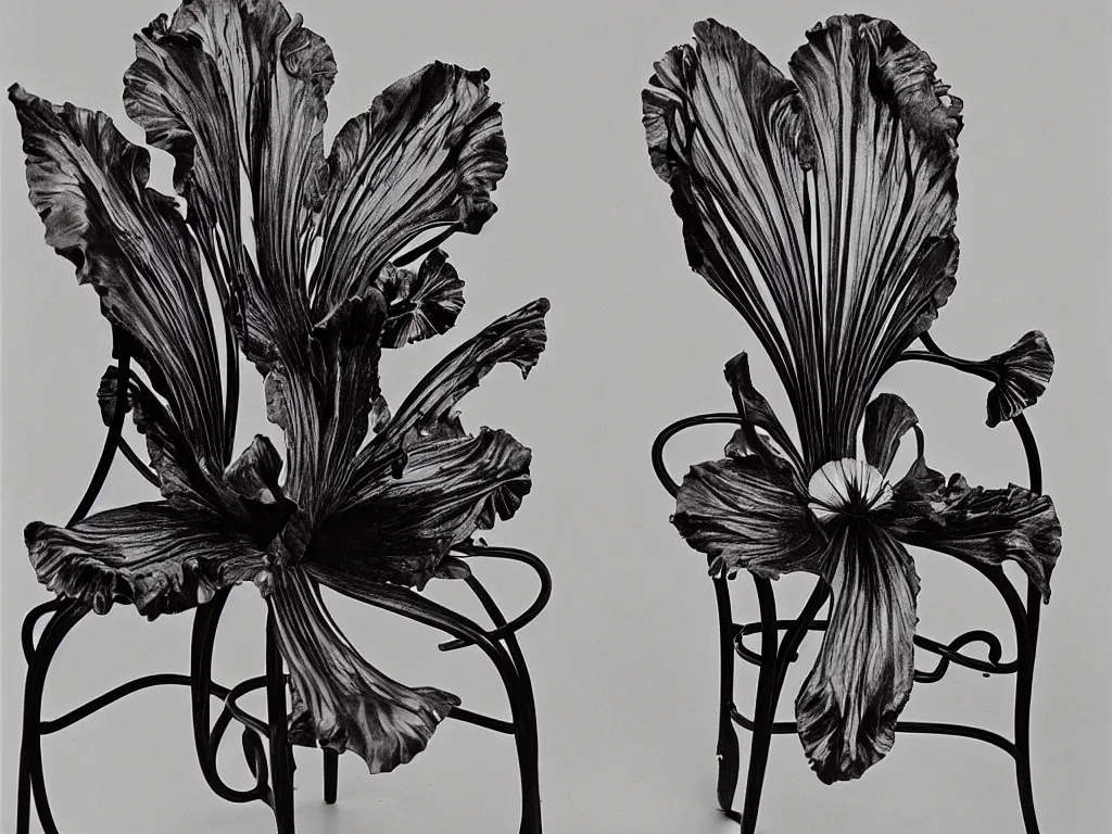 Image similar to flaming gothic chair in the shape of a iris flower. karl blossfeldt, salvador dali