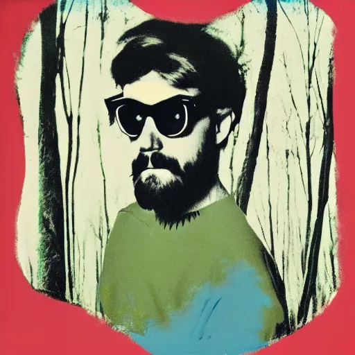 Prompt: beatnik standing in forest, style of andy warhol