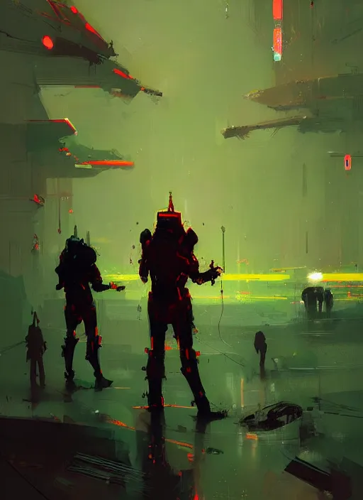 Prompt: sci - fi knights, red and green hour, by ismail inceoglu