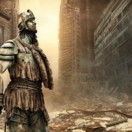 Image similar to statue of a warrior standing in the destroyed city, post apocalyptic scenery