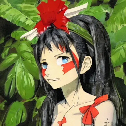 Prompt: a simon bisley of reimu in the jungle wearing bonnet