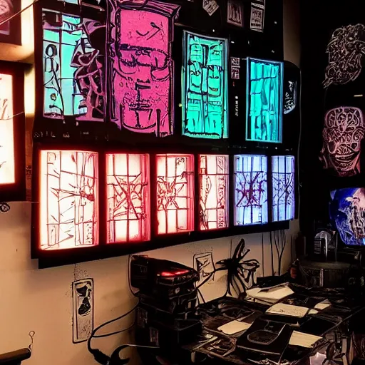 Image similar to cyberpunk hellraiser room of a tattoo artist in the futur dark