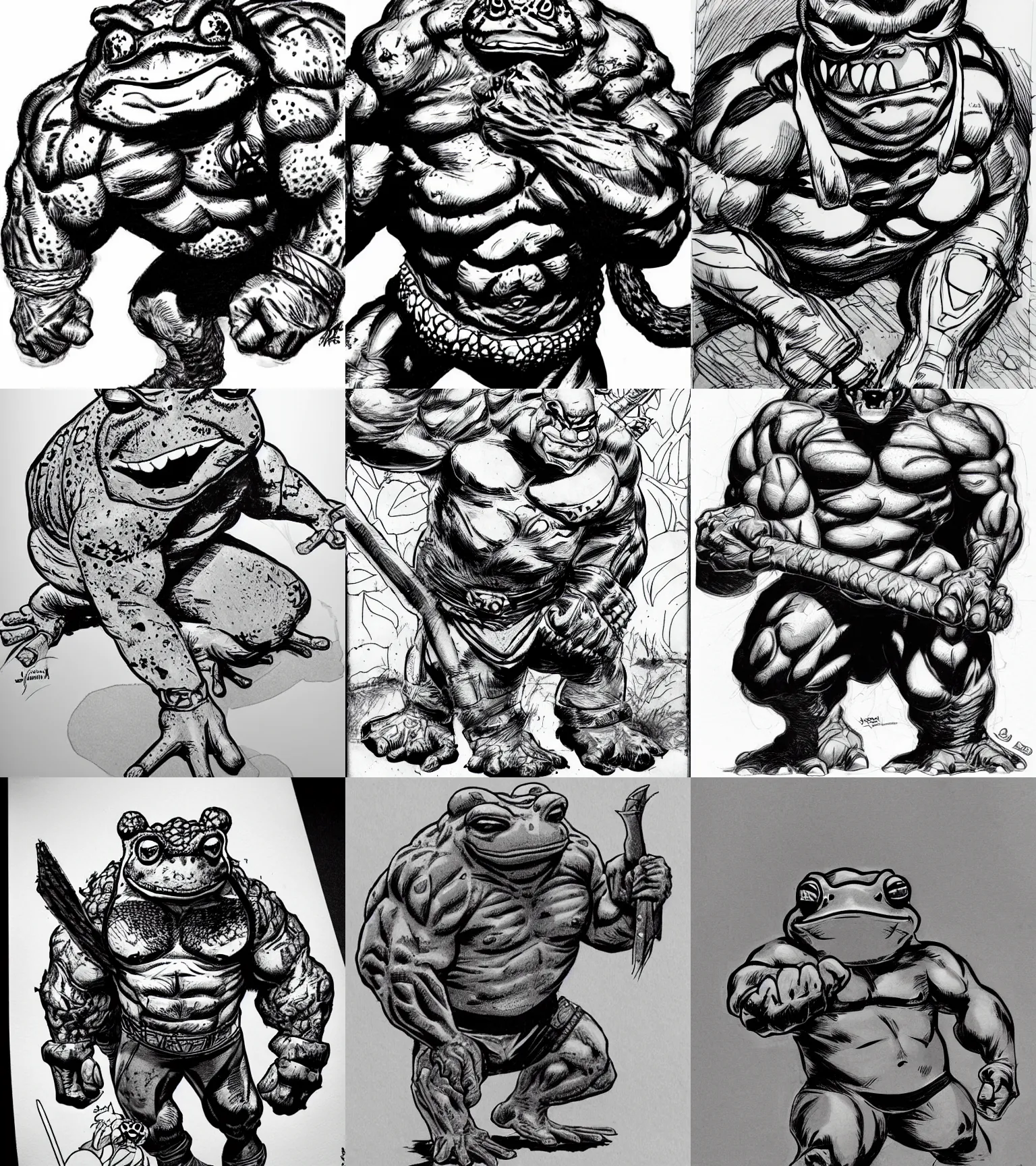 Prompt: toad animal!!! jim lee!!! medium shot!! flat grayscale ink sketch by jim lee close up in the style of jim lee, barbarian hunter hulk toad animal looks at the camera by jim lee
