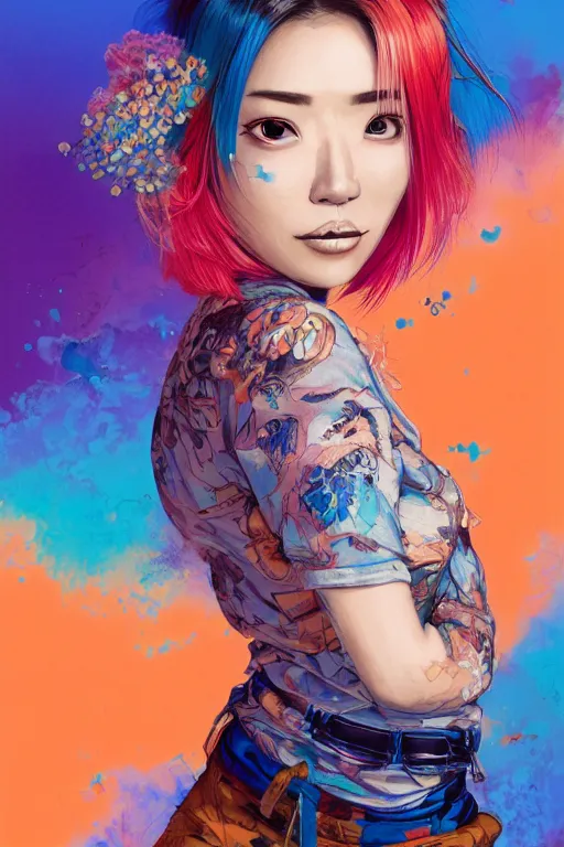 Image similar to a award winning half body portrait of a beautiful woman in a croptop and cargo pants with ombre orange blue teal hairstyle with head in motion and hair flying by yoshii chie and hikari shimoda and martine johanna and will eisner, outrun, vaporware, digital art, trending on artstation, highly detailed, fine detail, intricate