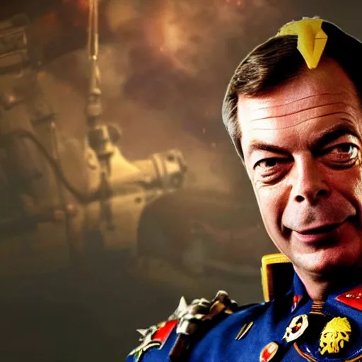 Prompt: nigel farage as a space marine in warhammer space marine, splash art, movie still, cinematic lighting, dramatic, octane render, long lens, shallow depth of field, bokeh, anamorphic lens flare, 8 k, hyper detailed, 3 5 mm film grain